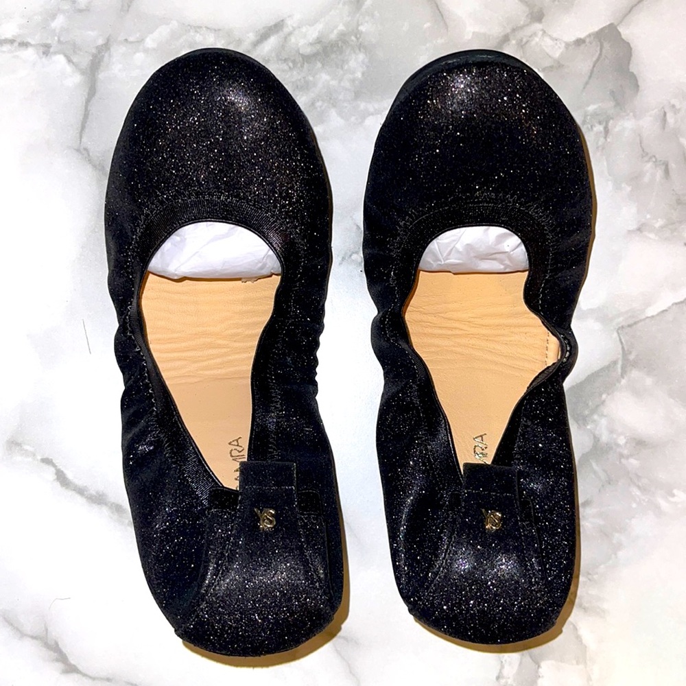 Yosi Samra Samara Black Glitter Leather Flat Sz 8
